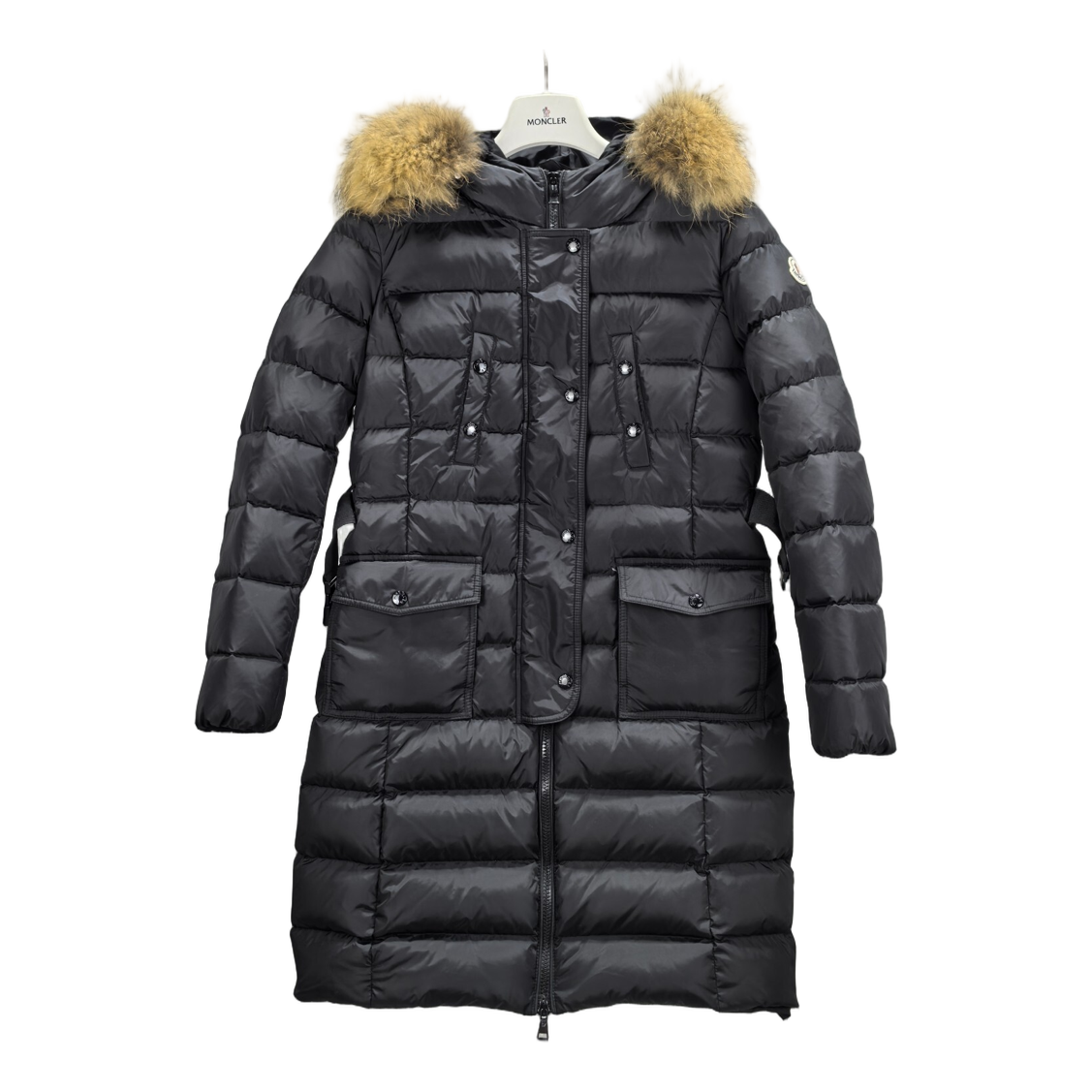 Moncler Four-Pocket Fur-Trim Hooded Long Puffer Coat – Black