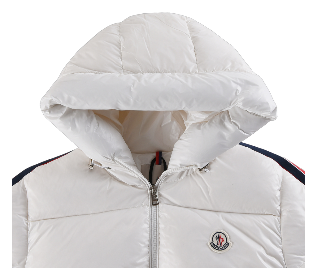 Moncler Tricolour Sleeve-Stripe Hooded Puffer Jacket – White