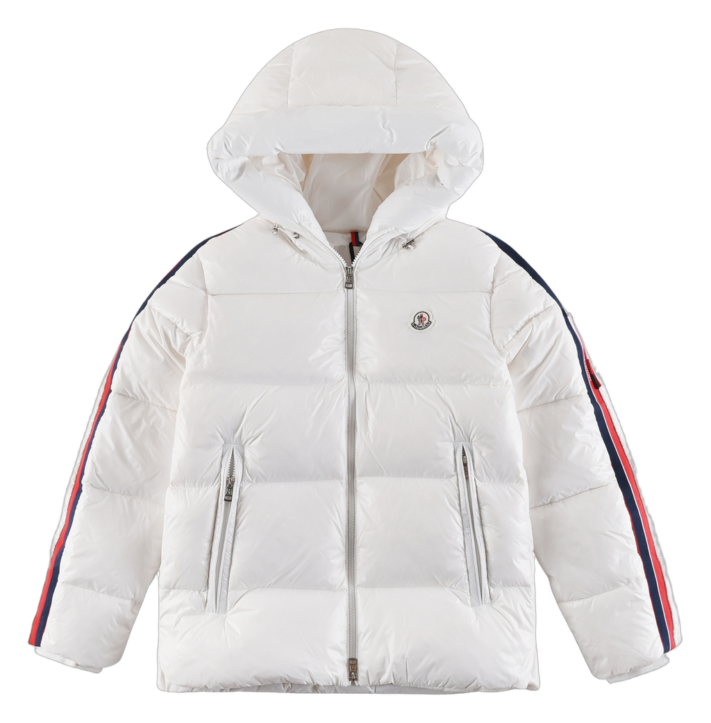 Moncler Tricolour Sleeve-Stripe Hooded Puffer Jacket – White