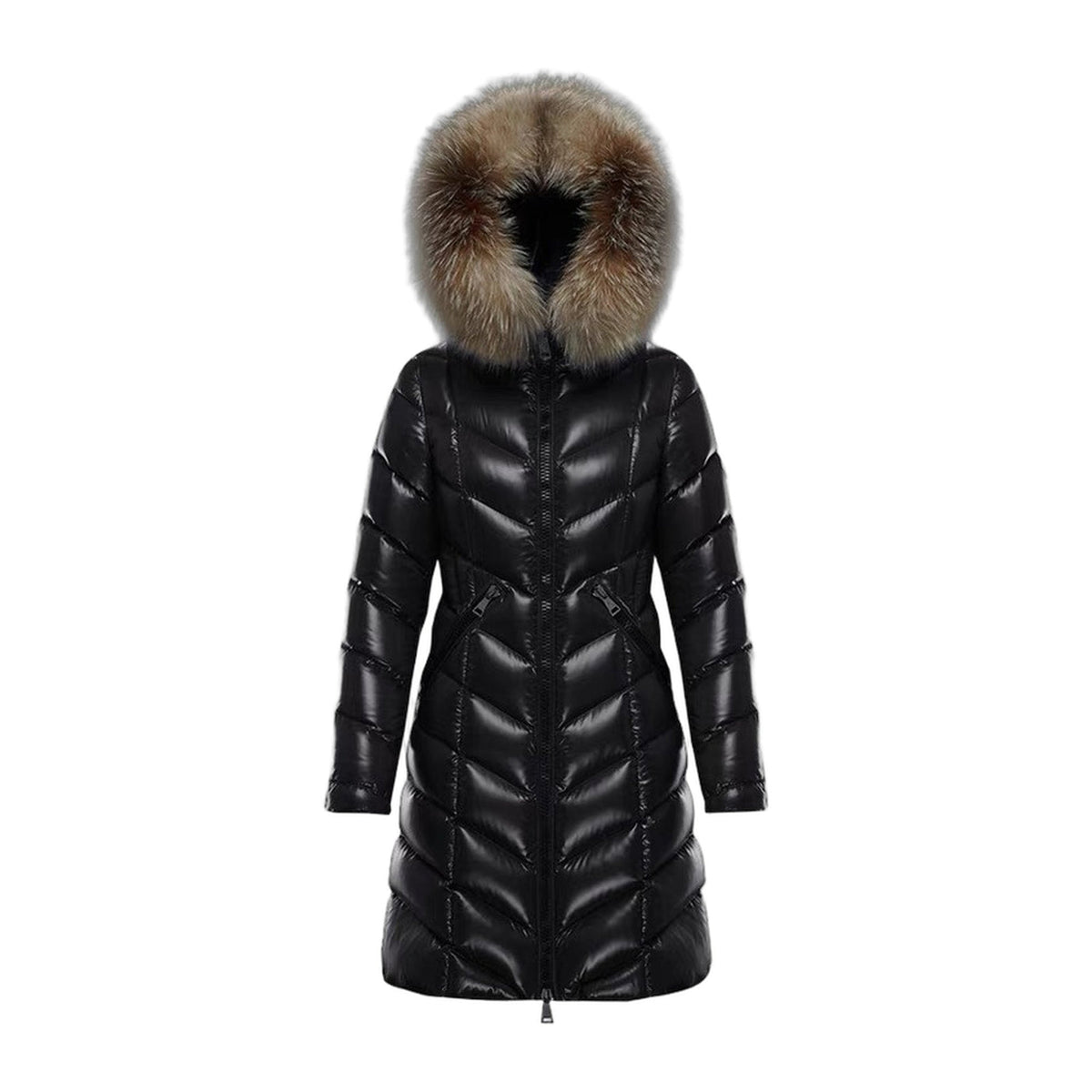 Moncler Fulmarus Chevron-Quilted Fur-Trim Long Coat