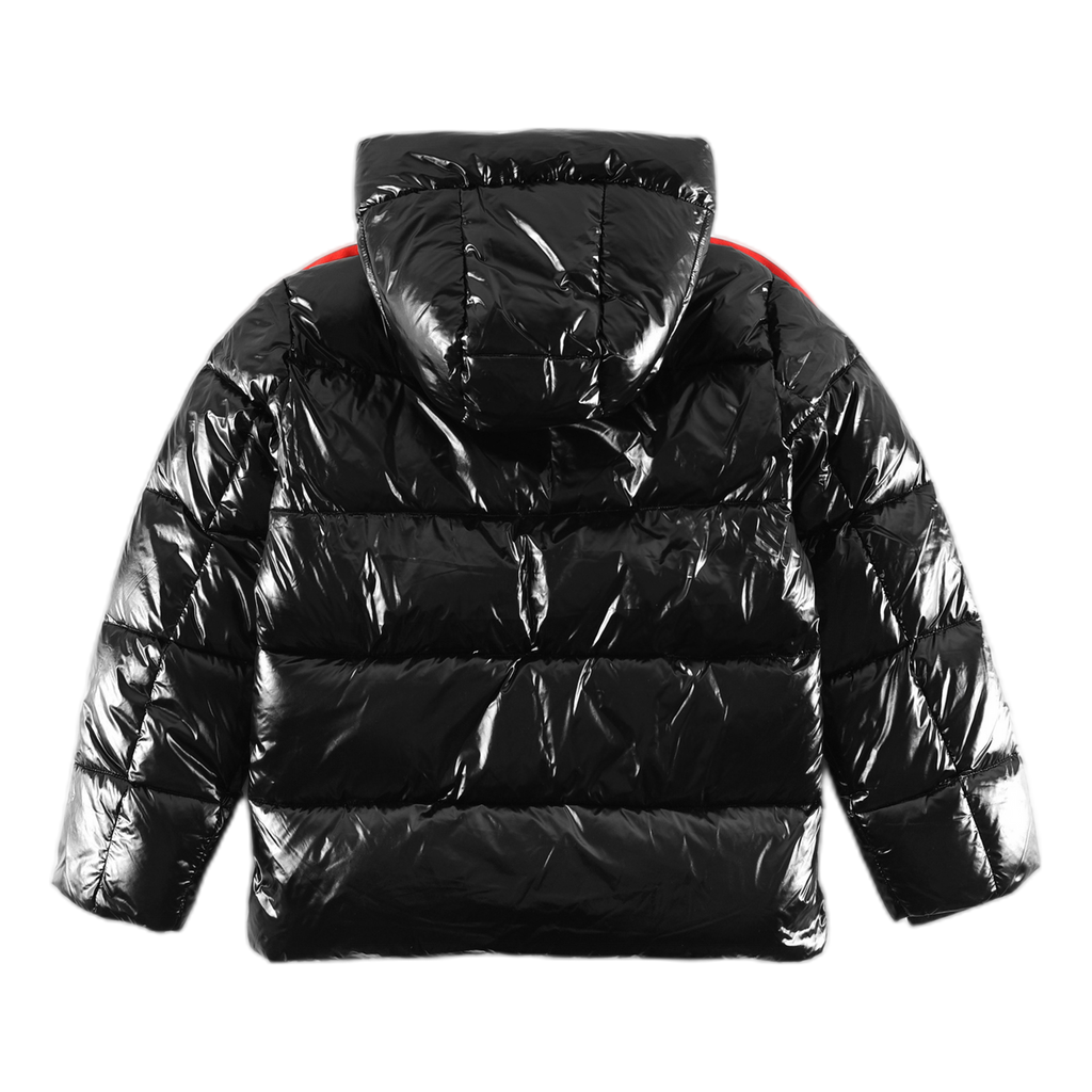 Moncler Tricolour Sleeve-Stripe Glossy Hooded Puffer Jacket