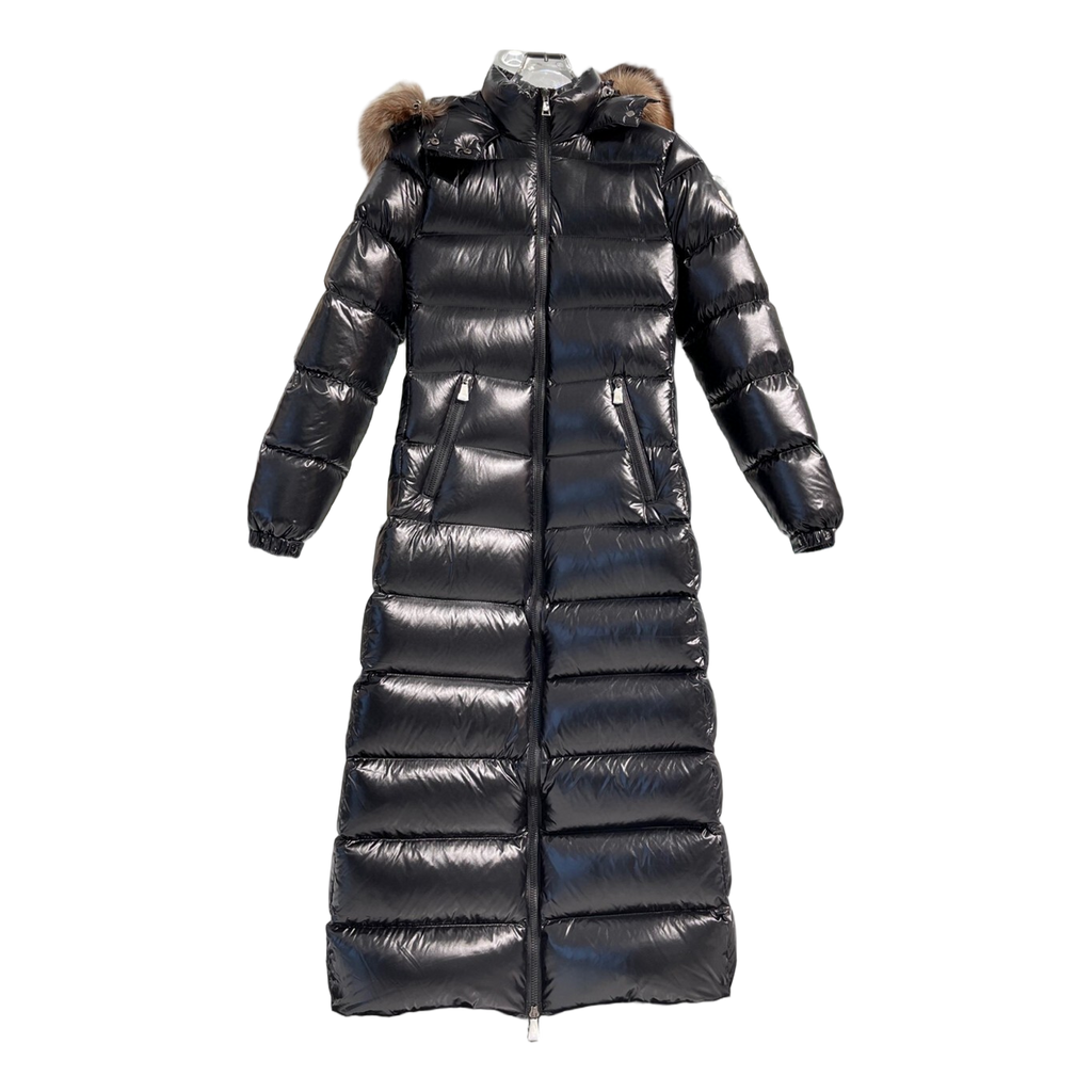 Moncler Glossy Fur-Trim Hooded Long Puffer Coat