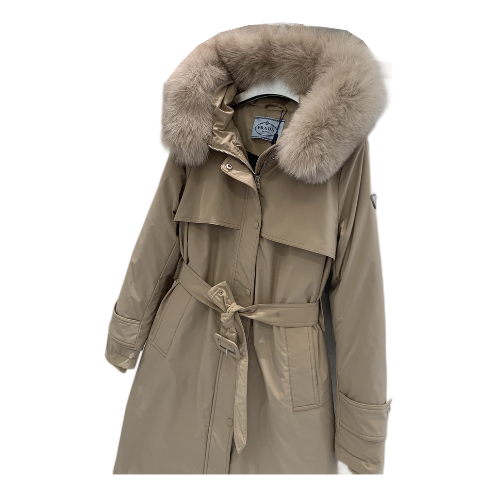 Prada Belted Fur-Trim Hooded Coat – Beige