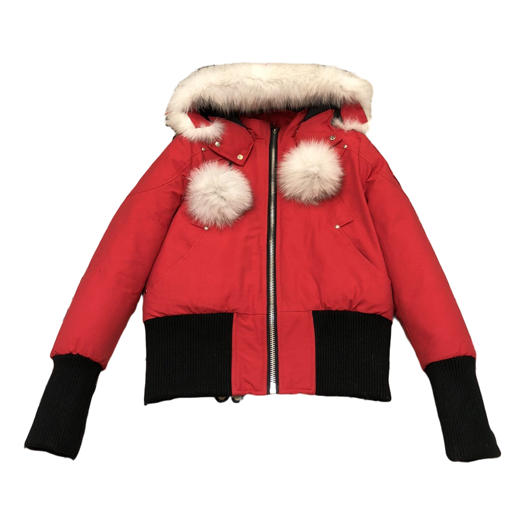 Moose Knuckles Debbie Pom-Pom Hooded Bomber Jacket – Red