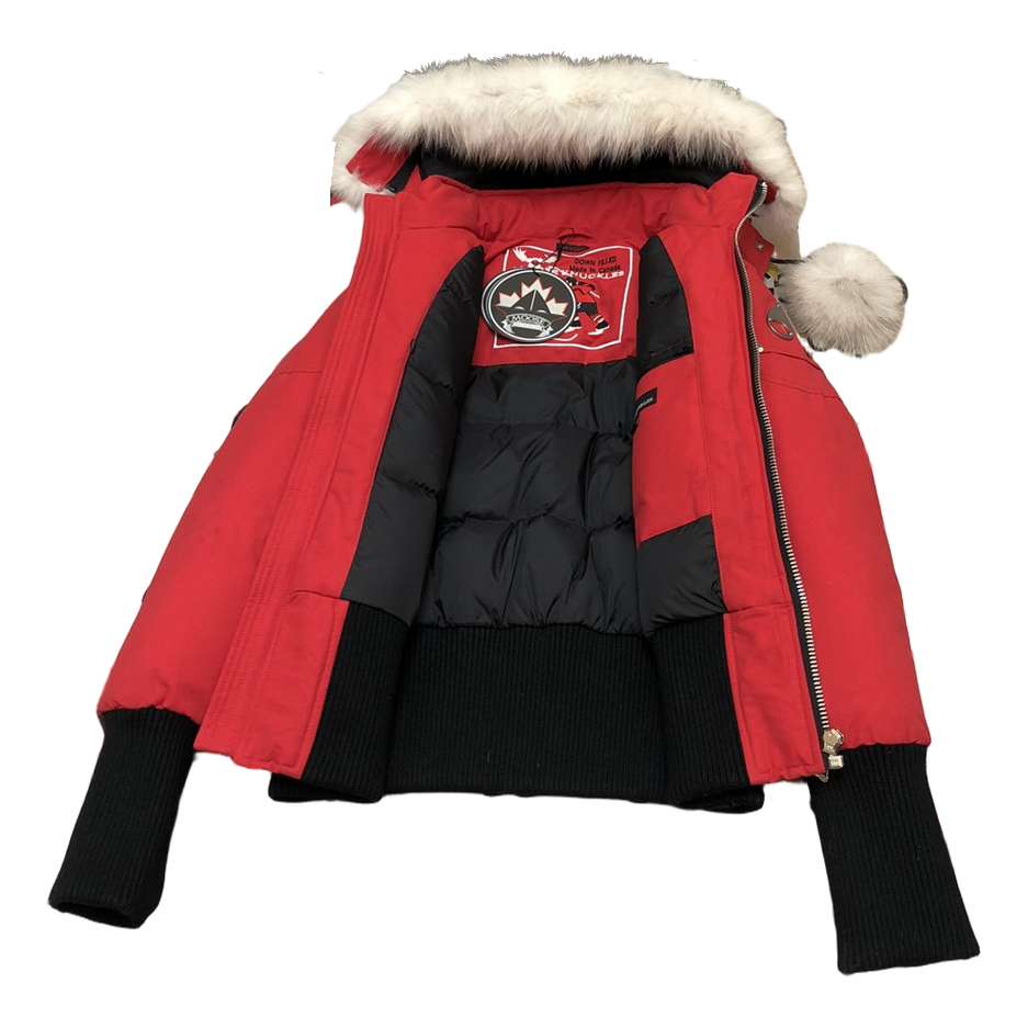 Moose Knuckles Debbie Pom-Pom Hooded Bomber Jacket – Red