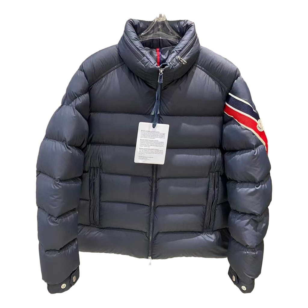 Moncler Tricolour Sleeve-Band Stand-Collar Puffer Jacket – Navy