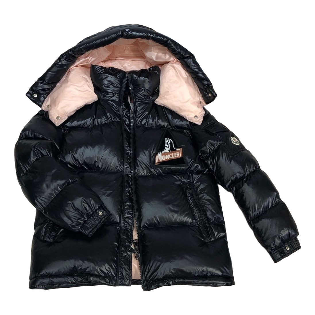 Moncler Mountain-Badge Glossy Short Puffer Jacket – Black