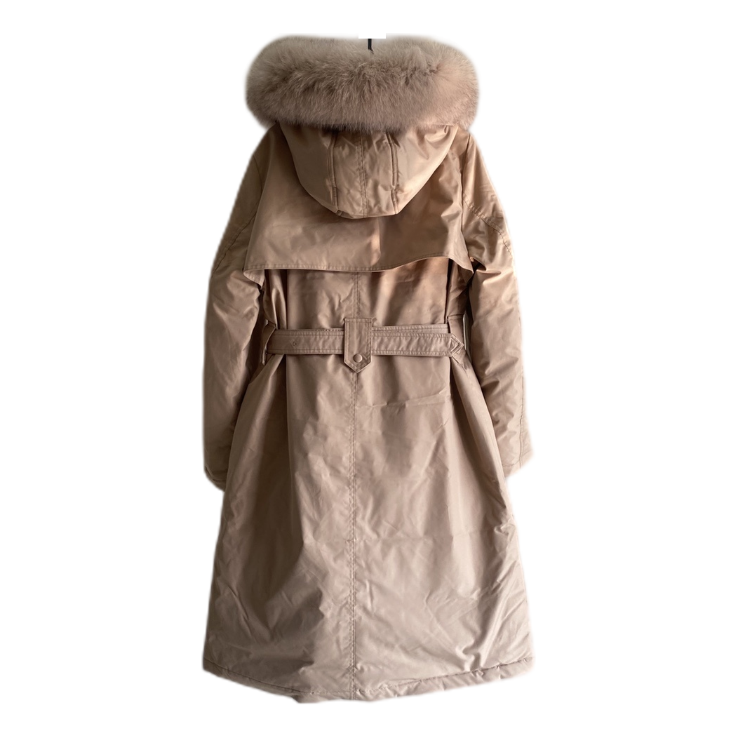 Prada Belted Fur-Trim Hooded Coat – Blush Beige